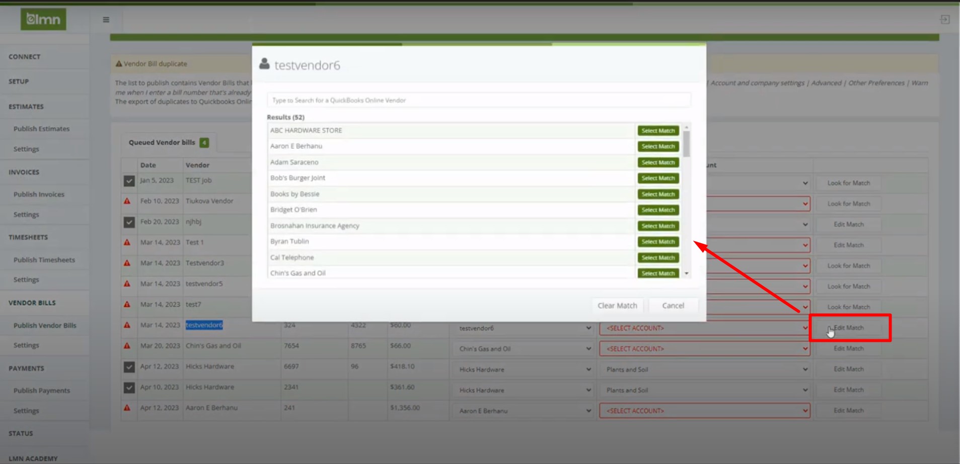 Exporting LMN Vendor Bills to QuickBooks LMN